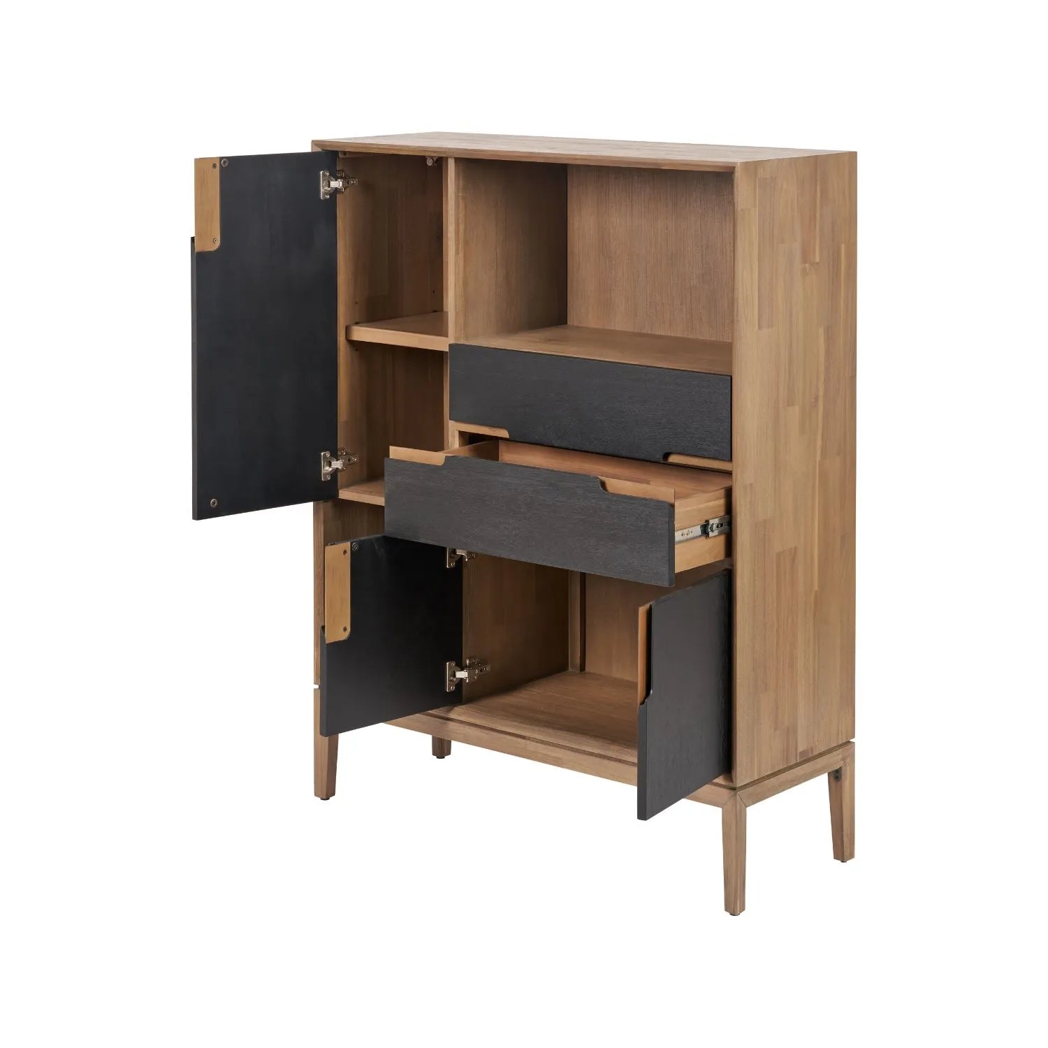 Tall Modern Scandi Black & Natural Acacia Wood Storage & Display Cabinet with 3 Doors & 2 Drawers – Niche Wooden Shelving Unit 140x110x40cm | Click Style