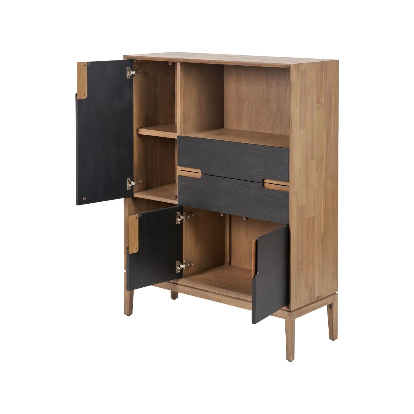 Tall Modern Scandi Black & Natural Acacia Wood Storage & Display Cabinet with 3 Doors & 2 Drawers – Niche Wooden Shelving Unit 140x110x40cm | Click Style