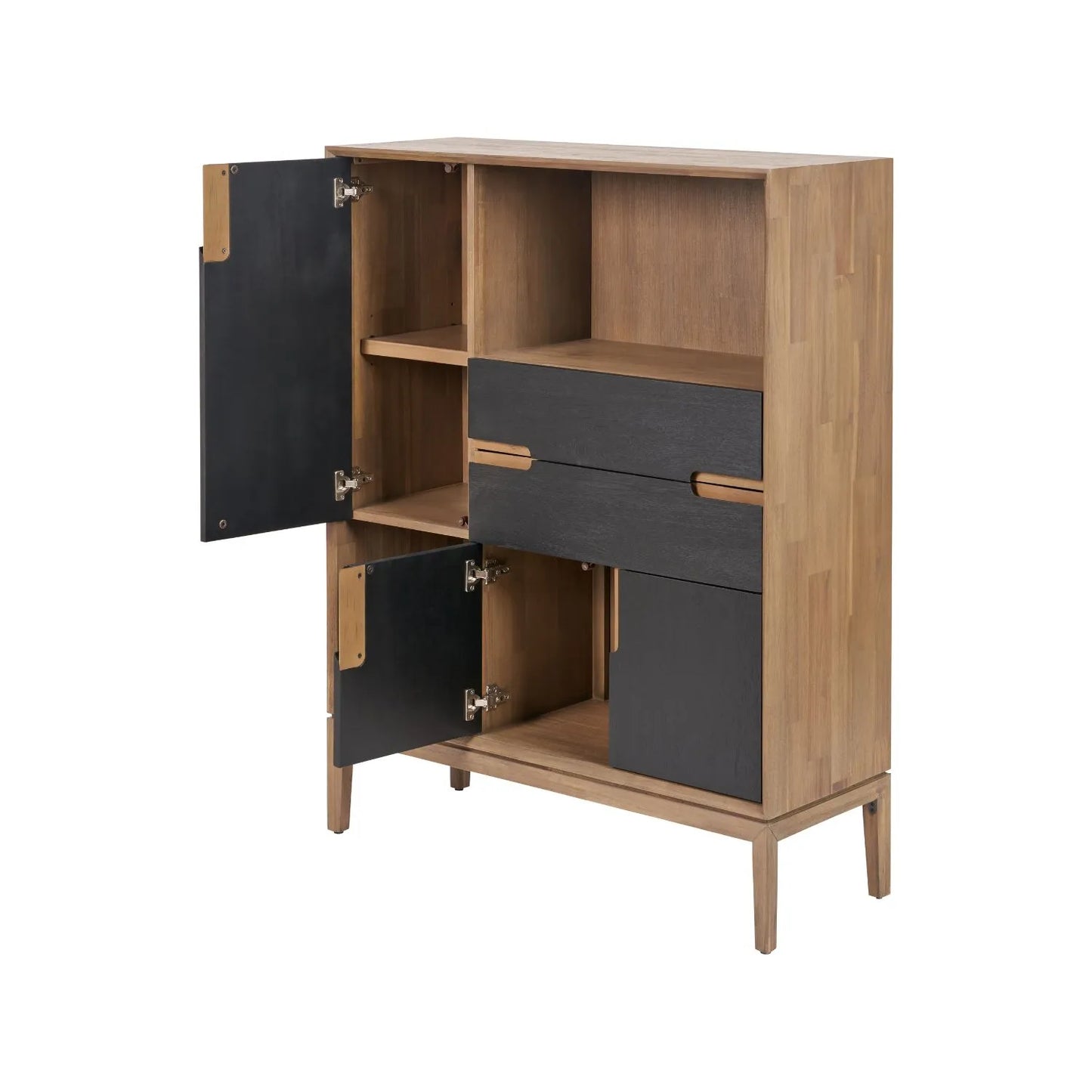 Tall Modern Scandi Black & Natural Acacia Wood Storage & Display Cabinet with 3 Doors & 2 Drawers – Niche Wooden Shelving Unit 140x110x40cm | Click Style