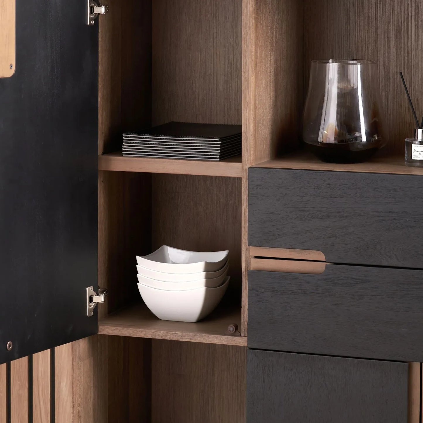 Tall Modern Scandi Black & Natural Acacia Wood Storage & Display Cabinet with 3 Doors & 2 Drawers – Niche Wooden Shelving Unit 140x110x40cm | Click Style