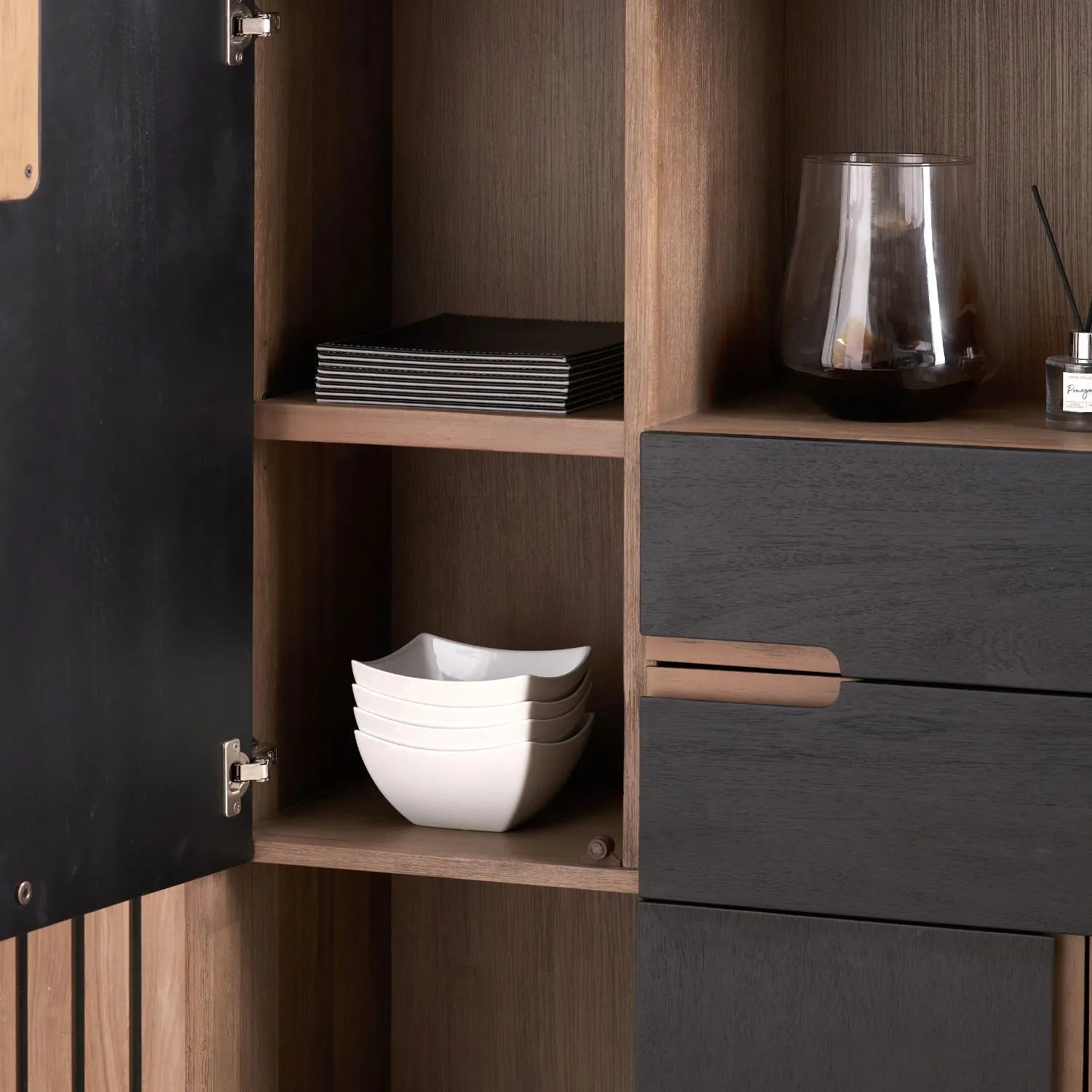 Tall Modern Scandi Black & Natural Acacia Wood Storage & Display Cabinet with 3 Doors & 2 Drawers – Niche Wooden Shelving Unit 140x110x40cm | Click Style