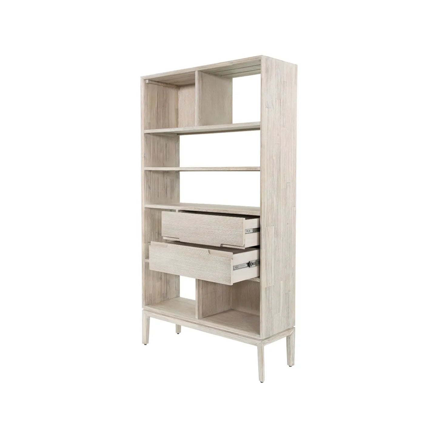 Tall Modern Scandi Whitewashed Acacia Wood Bookcase with 2 Drawers – 7-Niche Wooden Display Storage Bookshelf Unit for Living Rooms, Home Offices & Hallways 180x100x35cm | Click Style