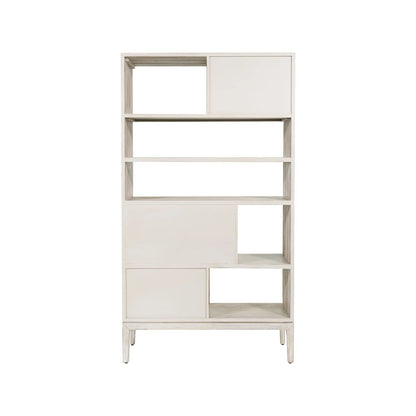 Tall Modern Scandi Whitewashed Acacia Wood Bookcase with 2 Drawers – 7-Niche Wooden Display Storage Bookshelf Unit for Living Rooms, Home Offices & Hallways Back 180x100x35cm | Click Style
