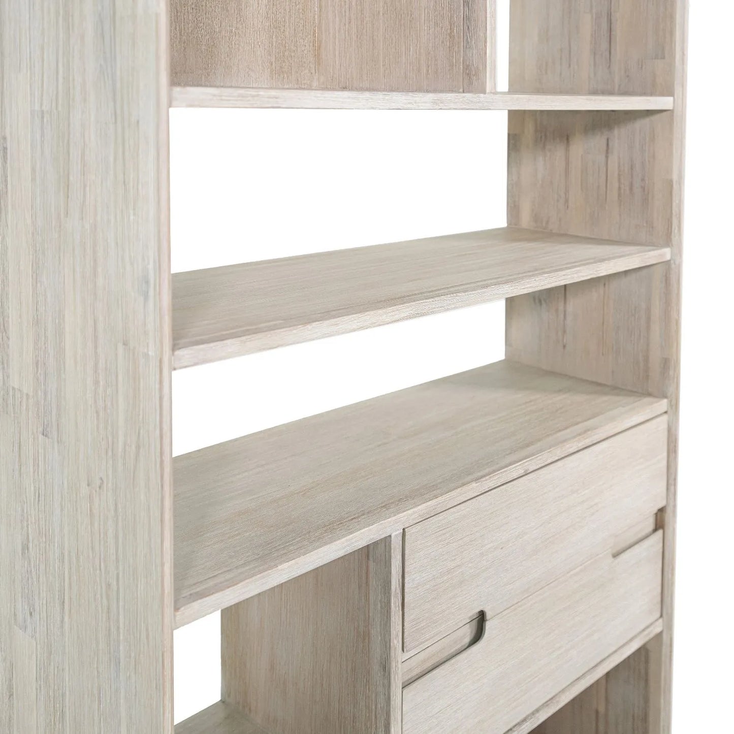 Tall Modern Scandi Whitewashed Acacia Wood Bookcase with 2 Drawers – 7-Niche Wooden Display Storage Bookshelf Unit for Living Rooms, Home Offices & Hallways 180x100x35cm | Click Style