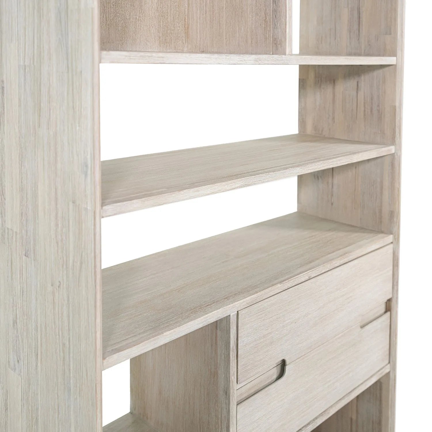 Tall Modern Scandi Whitewashed Acacia Wood Bookcase with 2 Drawers – 7-Niche Wooden Display Storage Bookshelf Unit for Living Rooms, Home Offices & Hallways 180x100x35cm | Click Style