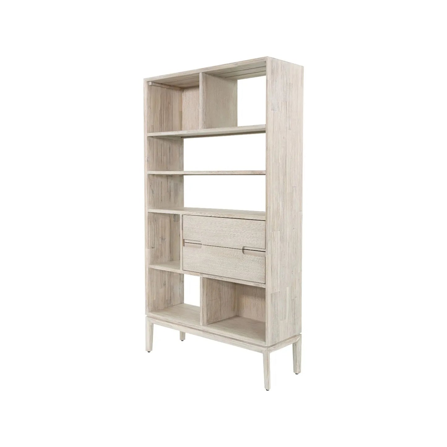 Tall Modern Scandi Whitewashed Acacia Wood Bookcase with 2 Drawers – 7-Niche Wooden Display Storage Bookshelf Unit for Living Rooms, Home Offices & Hallways 180x100x35cm | Click Style