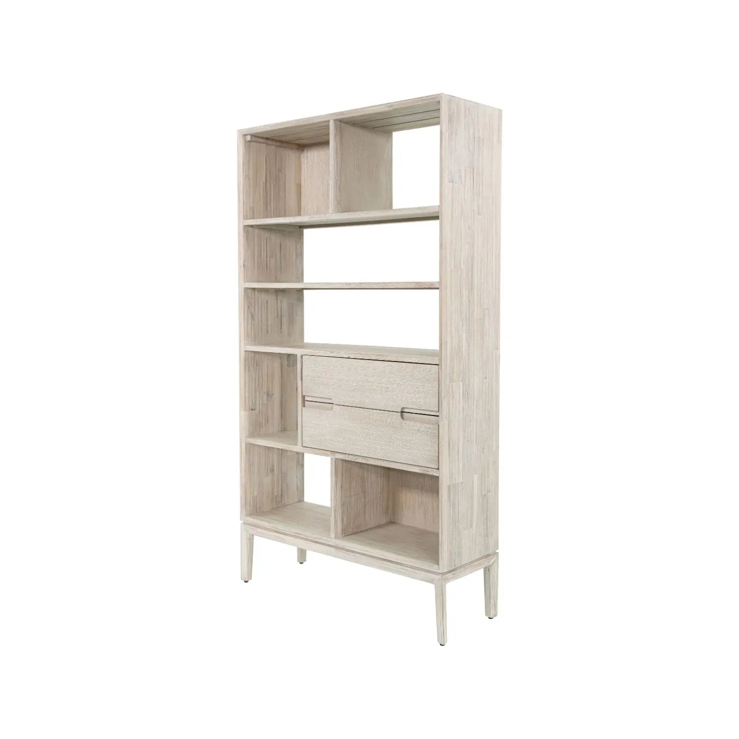Tall Modern Scandi Whitewashed Acacia Wood Bookcase with 2 Drawers – 7-Niche Wooden Display Storage Bookshelf Unit for Living Rooms, Home Offices & Hallways 180x100x35cm | Click Style