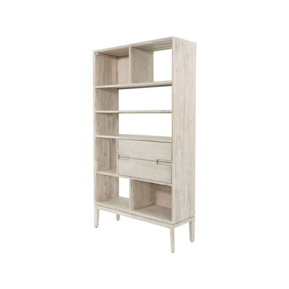 Tall Modern Scandi Whitewashed Acacia Wood Bookcase with 2 Drawers – 7-Niche Wooden Display Storage Bookshelf Unit for Living Rooms, Home Offices & Hallways 180x100x35cm | Click Style