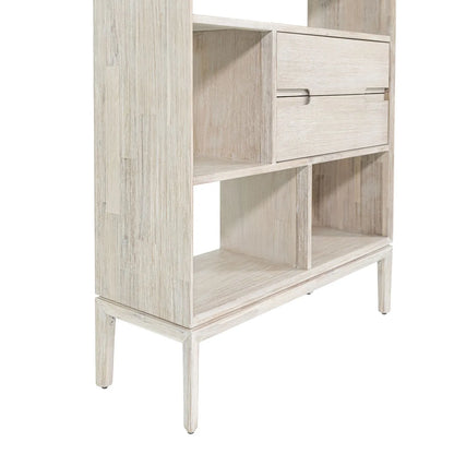 Tall Modern Scandi Whitewashed Acacia Wood Bookcase with 2 Drawers – 7-Niche Wooden Display Storage Bookshelf Unit for Living Rooms, Home Offices & Hallways 180x100x35cm | Click Style