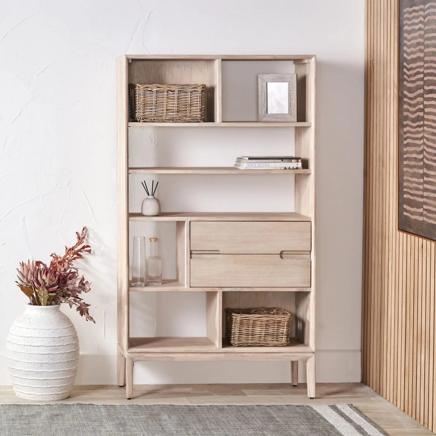 Tall Modern Scandi Whitewashed Acacia Wood Bookcase with 2 Drawers – 7-Niche Wooden Display Storage Bookshelf Unit for Living Rooms, Home Offices & Hallways 180x100x35cm | Click Style