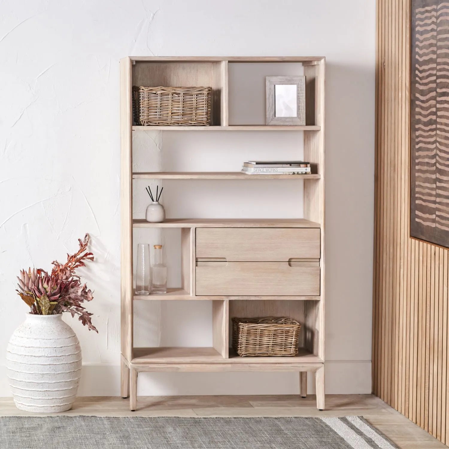 Tall Modern Scandi Whitewashed Acacia Wood Bookcase with 2 Drawers – 7-Niche Wooden Display Storage Bookshelf Unit for Living Rooms, Home Offices & Hallways 180x100x35cm | Click Style