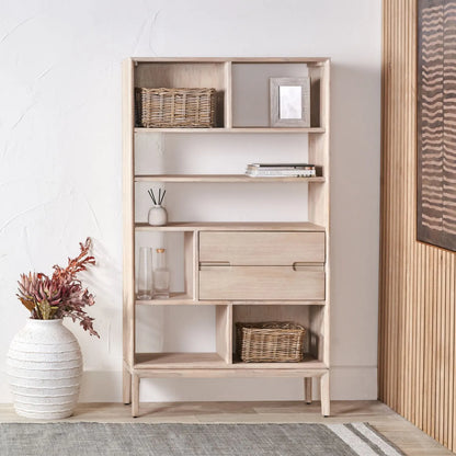 Tall Modern Scandi Whitewashed Acacia Wood Bookcase with 2 Drawers – 7-Niche Wooden Display Storage Bookshelf Unit for Living Rooms, Home Offices & Hallways 180x100x35cm | Click Style