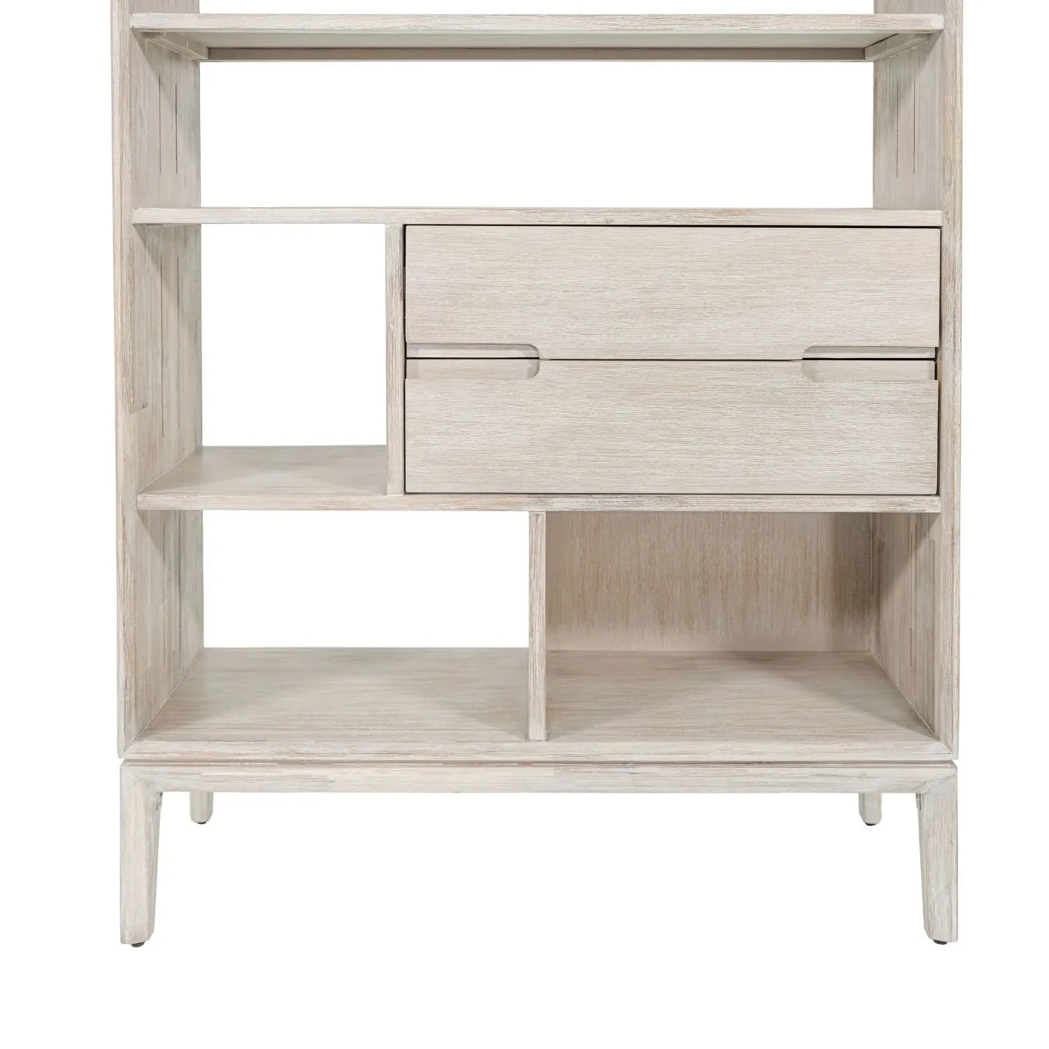 Tall Modern Scandi Whitewashed Acacia Wood Bookcase with 2 Drawers – 7-Niche Wooden Display Storage Bookshelf Unit for Living Rooms, Home Offices & Hallways 180x100x35cm | Click Style