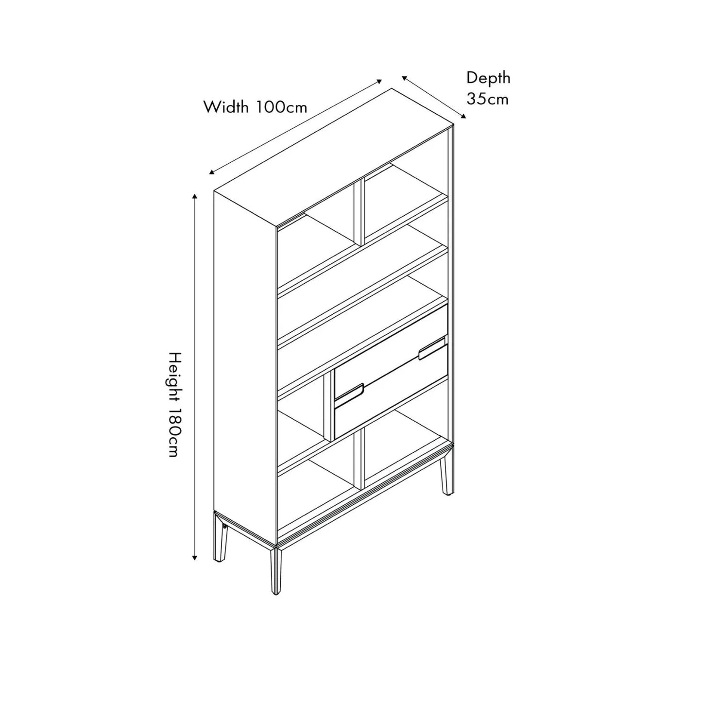 Tall Modern Scandi Whitewashed Acacia Wood Bookcase with 2 Drawers – 7-Niche Wooden Display Storage Bookshelf Unit for Living Rooms, Home Offices & Hallways Dimensions 180x100x35cm | Click Style