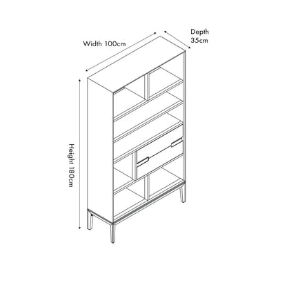 Tall Modern Scandi Whitewashed Acacia Wood Bookcase with 2 Drawers – 7-Niche Wooden Display Storage Bookshelf Unit for Living Rooms, Home Offices & Hallways Dimensions 180x100x35cm | Click Style