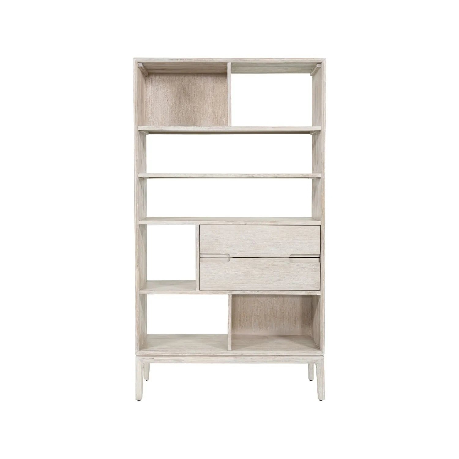 Tall Modern Scandi Whitewashed Acacia Wood Bookcase with 2 Drawers – 7-Niche Wooden Display Storage Bookshelf Unit for Living Rooms, Home Offices & Hallways 180x100x35cm | Click Style