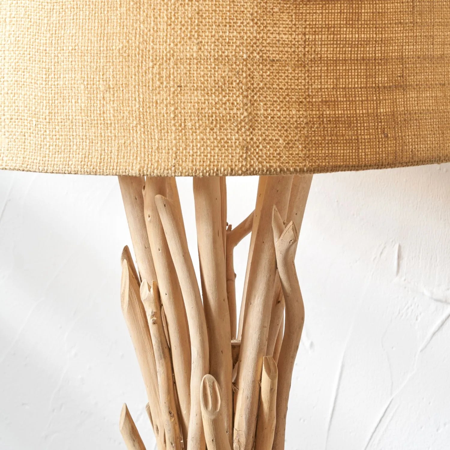 Tall Natural Driftwood Floor Lamp with Jute Drum Lampshade – Rustic Coastal Statement Lighting 149x55cm - Click Style