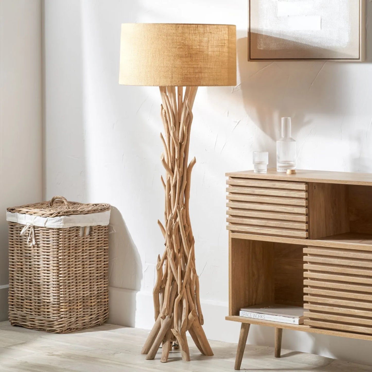 Tall Natural Driftwood Floor Lamp with Jute Drum Lampshade – Rustic Coastal Statement Lighting 149x55cm - Click Style