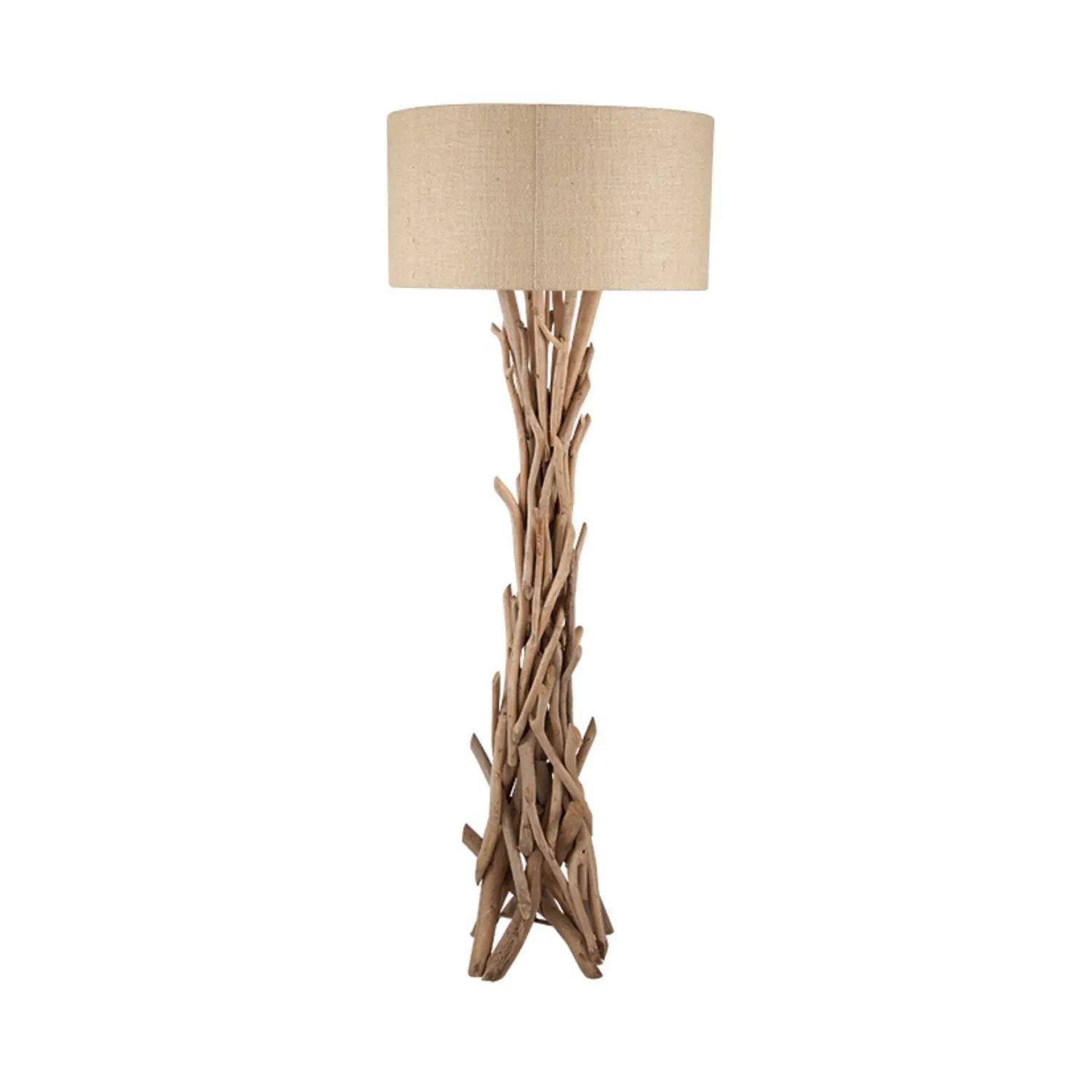 Tall Natural Driftwood Floor Lamp with Jute Drum Lampshade – Rustic Coastal Statement Lighting 149x55cm - Click Style