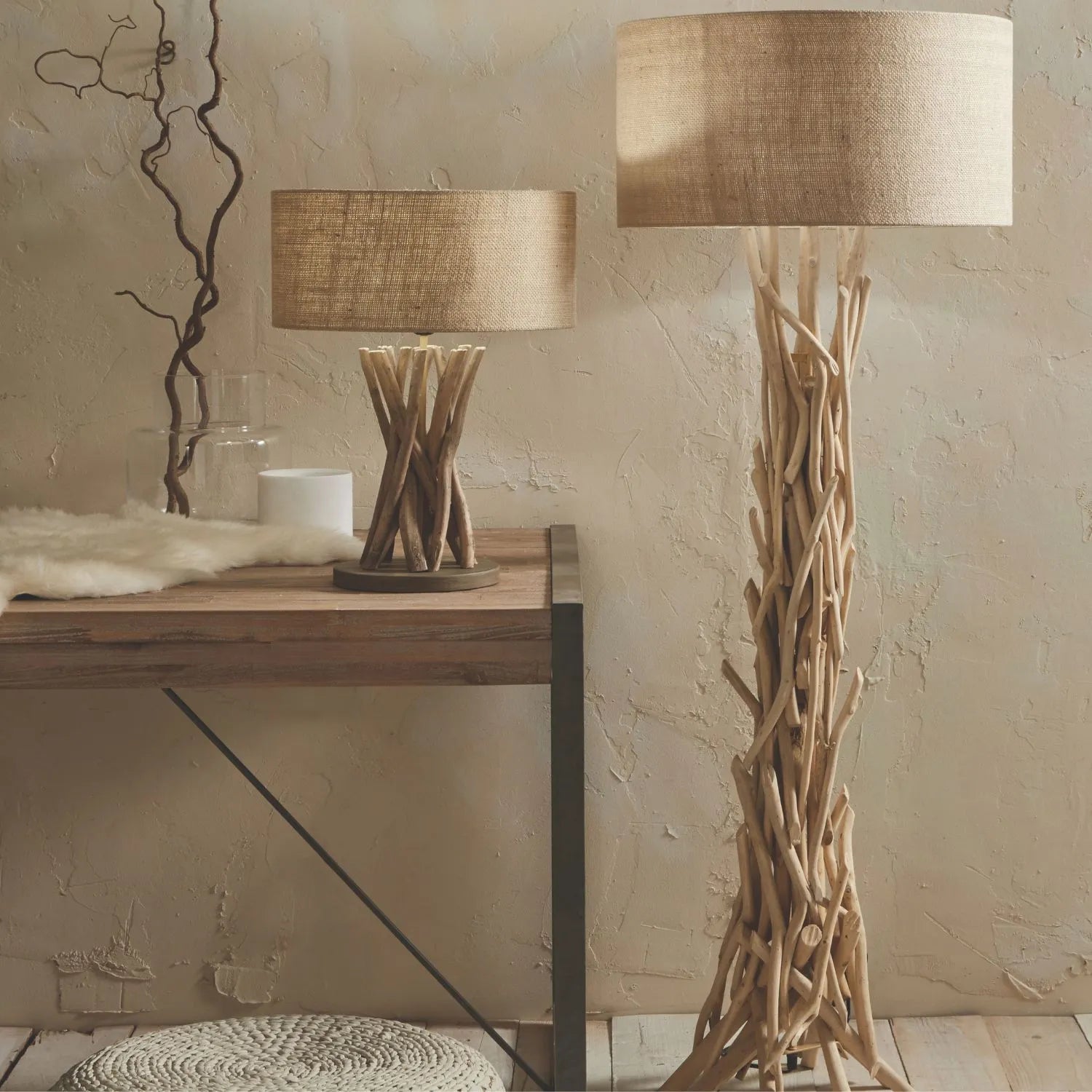 Tall Natural Driftwood Floor Lamp with Jute Drum Lampshade – Rustic Coastal Statement Lighting 149x55cm - Click Style