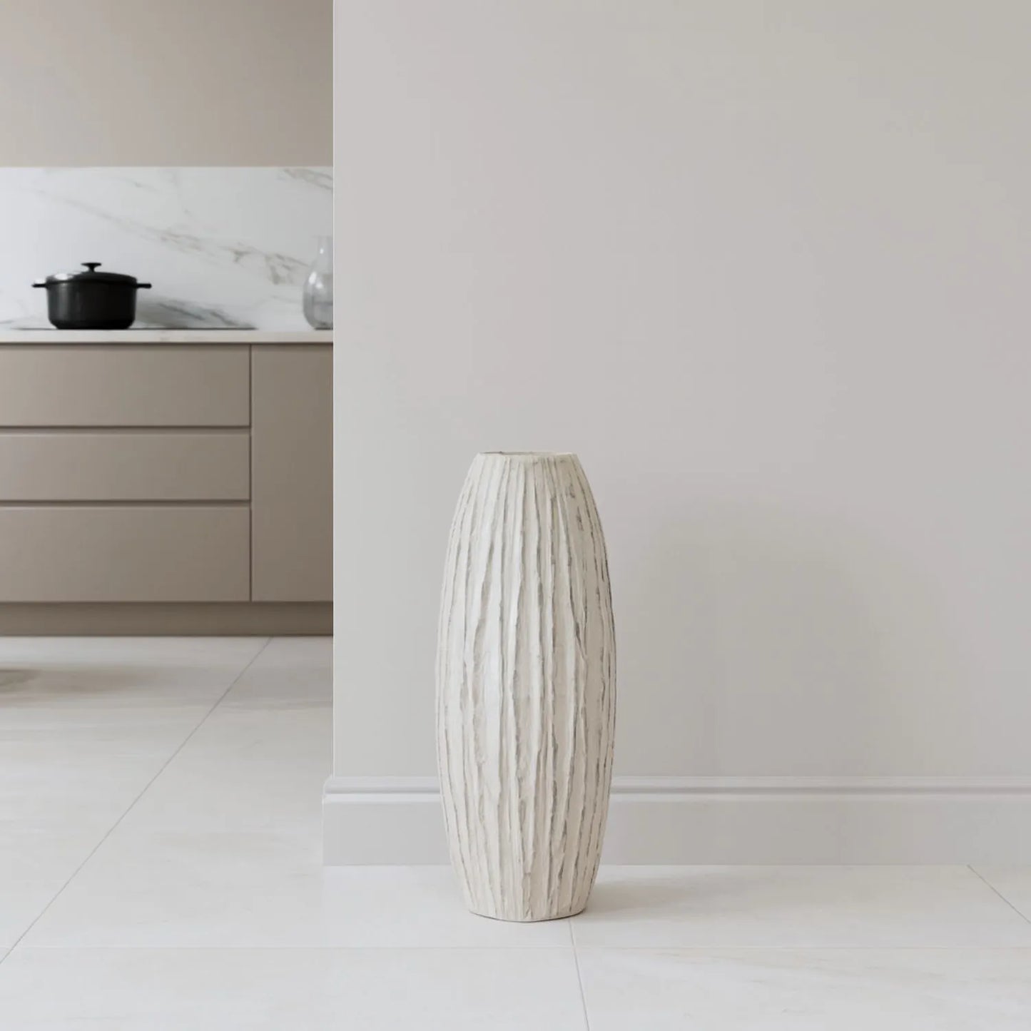Tall Neutral Grey & White-Washed Textured Ceramic Vase with Carved Vertical Detailing – Large Floor-Standing Decorative Vase 70x27x27cm | Click Style