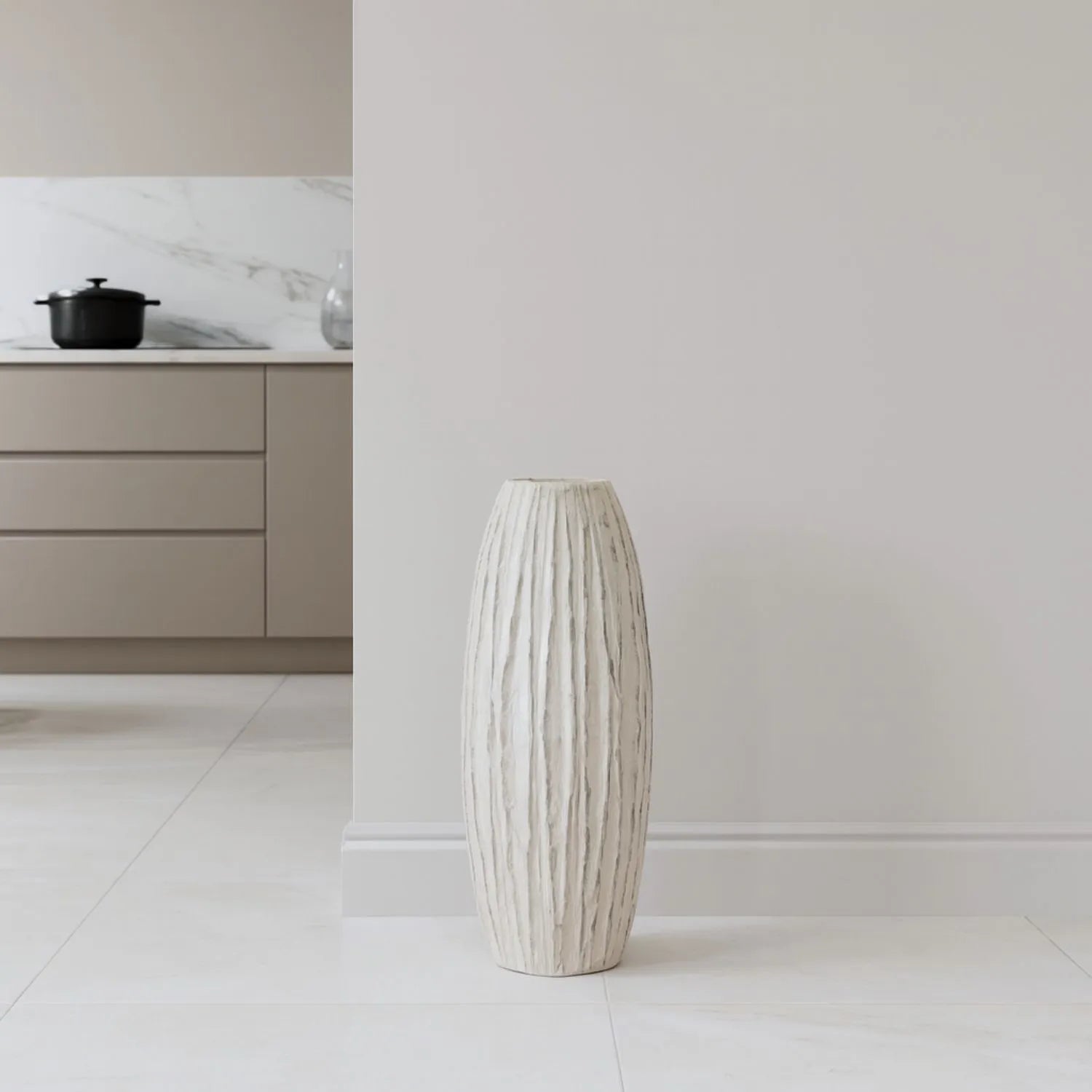 Tall Neutral Grey & White-Washed Textured Ceramic Vase with Carved Vertical Detailing – Large Floor-Standing Decorative Vase 70x27x27cm | Click Style