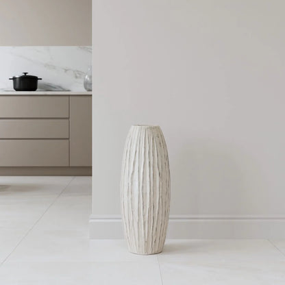 Tall Neutral Grey & White-Washed Textured Ceramic Vase with Carved Vertical Detailing – Large Floor-Standing Decorative Vase 70x27x27cm | Click Style