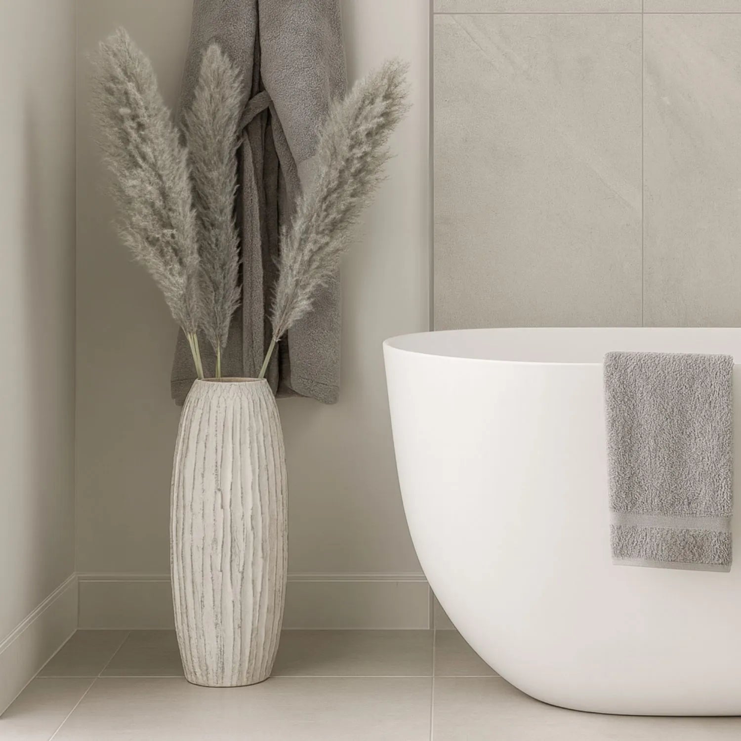 Tall Neutral Grey & White-Washed Textured Ceramic Vase with Carved Vertical Detailing – Large Floor-Standing Decorative Vase 70x27x27cm | Click Style