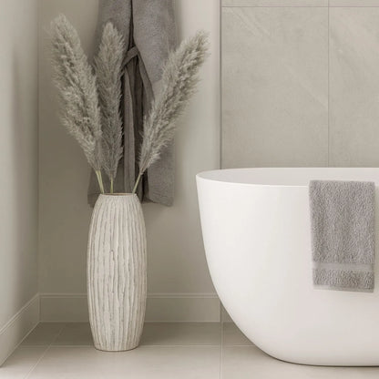 Tall Neutral Grey & White-Washed Textured Ceramic Vase with Carved Vertical Detailing – Large Floor-Standing Decorative Vase 70x27x27cm | Click Style