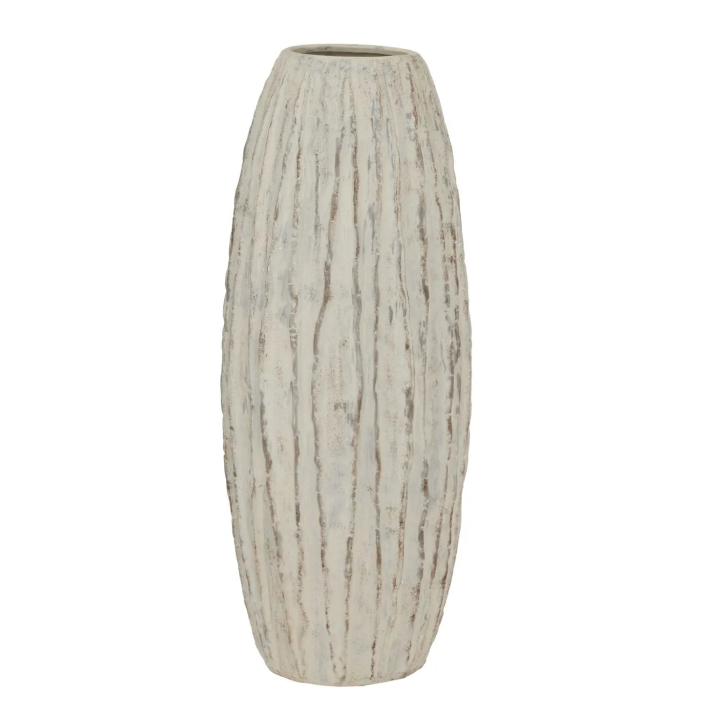 Tall Neutral Grey & White-Washed Textured Ceramic Vase with Carved Vertical Detailing – Large Floor-Standing Decorative Vase 70x27x27cm | Click Style