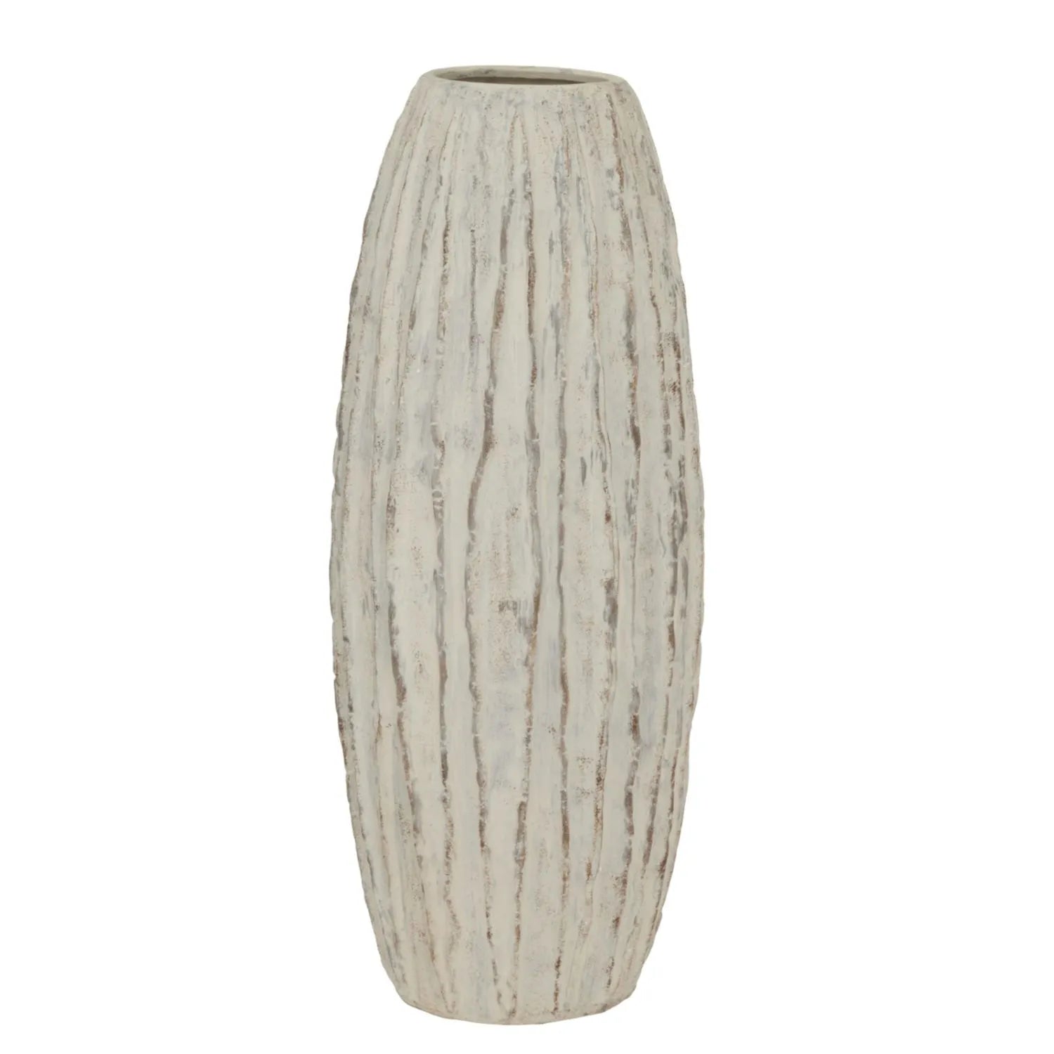 Tall Neutral Grey & White-Washed Textured Ceramic Vase with Carved Vertical Detailing – Large Floor-Standing Decorative Vase 70x27x27cm | Click Style