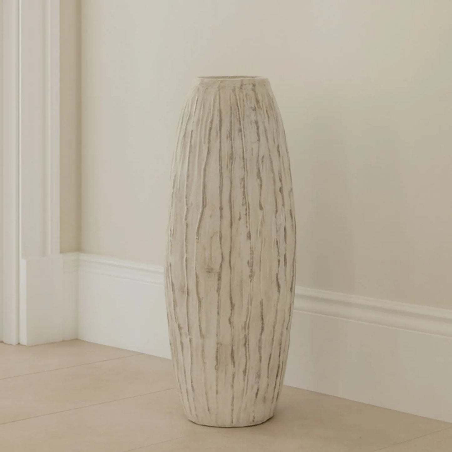 Tall Neutral Grey & White-Washed Textured Ceramic Vase with Carved Vertical Detailing – Large Floor-Standing Decorative Vase 70x27x27cm | Click Style