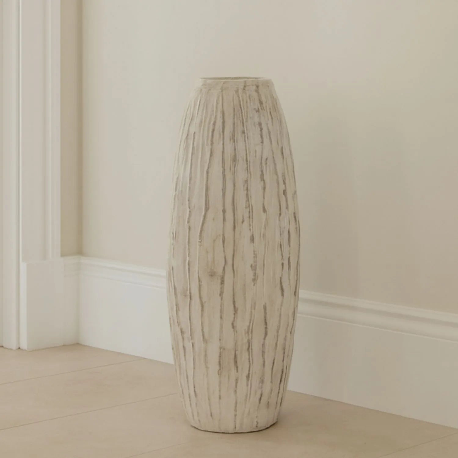 Tall Neutral Grey & White-Washed Textured Ceramic Vase with Carved Vertical Detailing – Large Floor-Standing Decorative Vase 70x27x27cm | Click Style