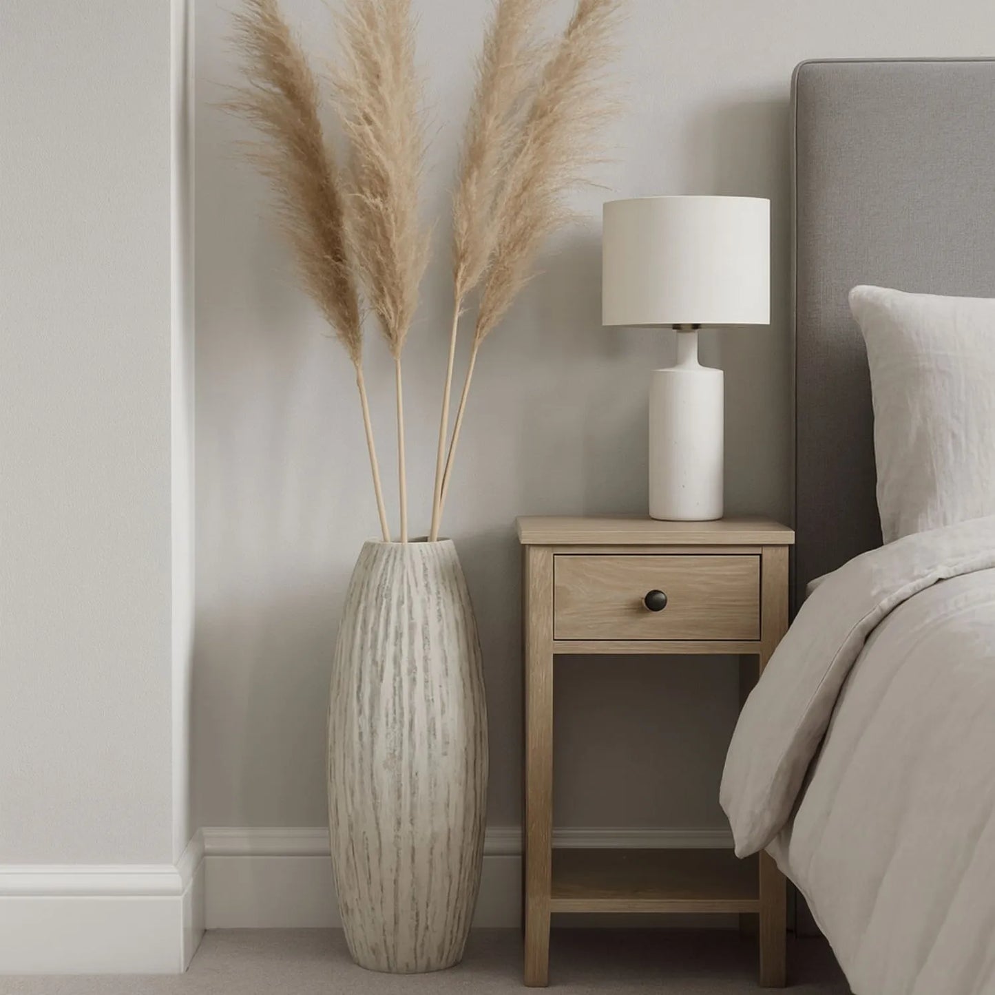 Tall Neutral Grey & White-Washed Textured Ceramic Vase with Carved Vertical Detailing – Large Floor-Standing Decorative Vase 70x27x27cm | Click Style