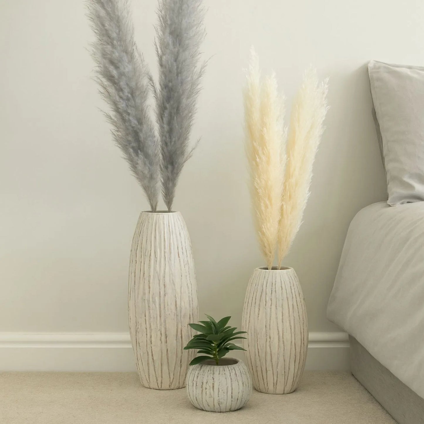 Tall Neutral Grey & White-Washed Textured Ceramic Vase with Carved Vertical Detailing – Large Floor-Standing Decorative Vase 70x27x27cm | Click Style