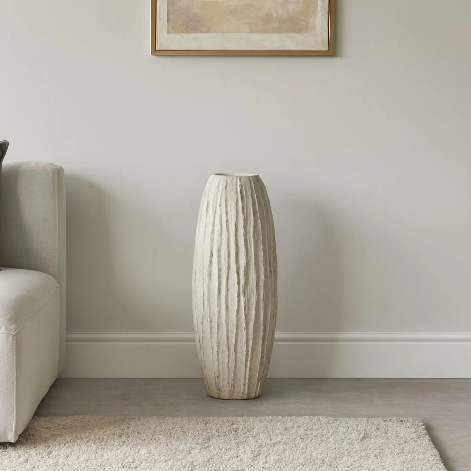 Tall Neutral Grey & White-Washed Textured Ceramic Vase with Carved Vertical Detailing – Large Floor-Standing Decorative Vase 70x27x27cm | Click Style