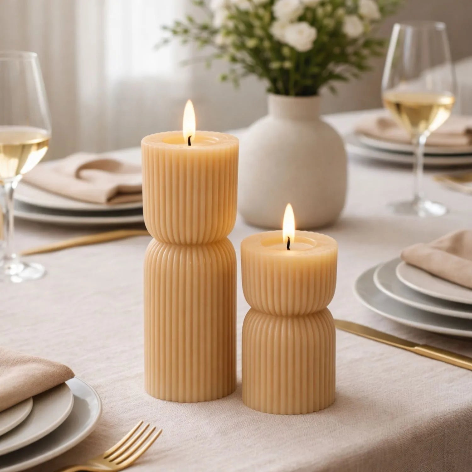 Tall Neutral Stone-Beige Sculpted Ribbed Wax LED Flameless Pillar Candle With Flickering Flame – Battery Operated Decorative Light 24x7x7cm | Click Style