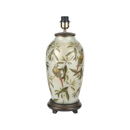 Jenny Worrall Tall Parrots Distressed Gold & Off-White Glass Table Lamp Base with Antique Brass Feet – Handcrafted Urn-Shaped Tropical Bird & Leaf Foliage Lighting 48x20x20cm | Click Style