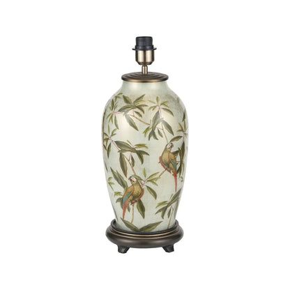 Jenny Worrall Tall Parrots Distressed Gold & Off-White Glass Table Lamp Base with Antique Brass Feet – Handcrafted Urn-Shaped Tropical Bird & Leaf Foliage Lighting 48x20x20cm | Click Style