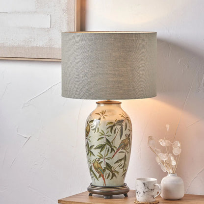 Jenny Worrall Tall Parrots Distressed Gold & Off-White Glass Table Lamp Base with Antique Brass Feet – Handcrafted Urn-Shaped Tropical Bird & Leaf Foliage Lighting 48x20x20cm | Click Style