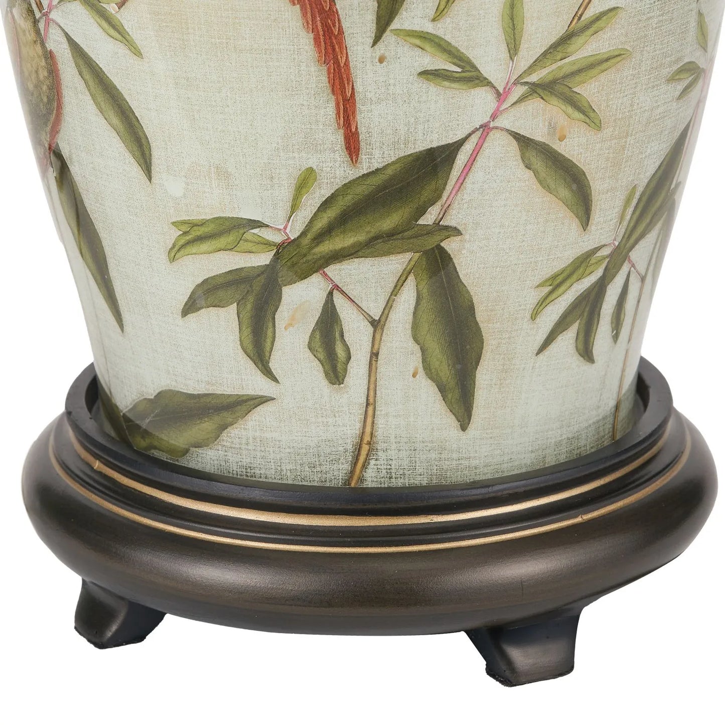 Jenny Worrall Tall Parrots Distressed Gold & Off-White Glass Table Lamp Base with Antique Brass Feet – Handcrafted Urn-Shaped Tropical Bird & Leaf Foliage Lighting 48x20x20cm | Click Style