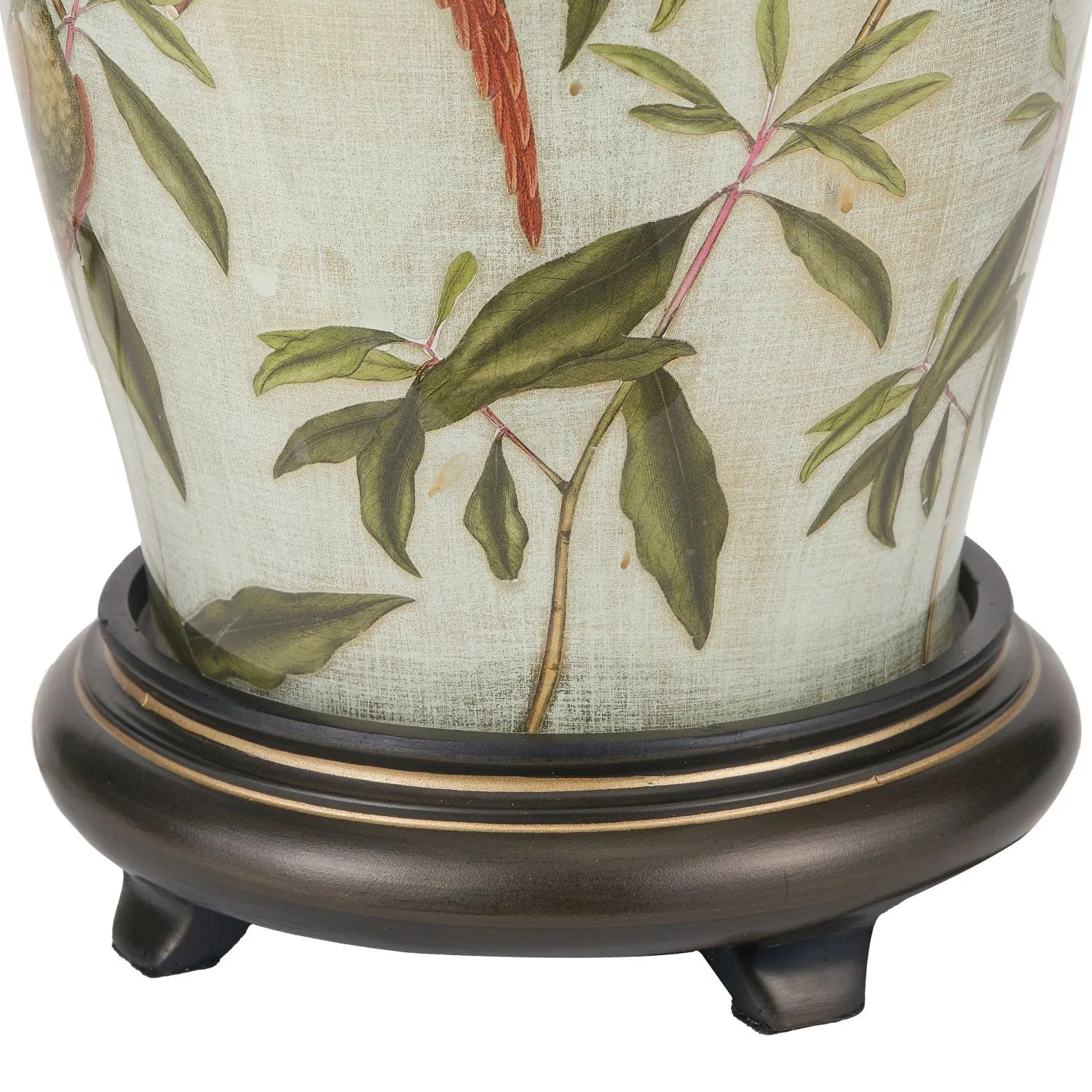 Jenny Worrall Tall Parrots Distressed Gold & Off-White Glass Table Lamp Base with Antique Brass Feet – Handcrafted Urn-Shaped Tropical Bird & Leaf Foliage Lighting 48x20x20cm | Click Style