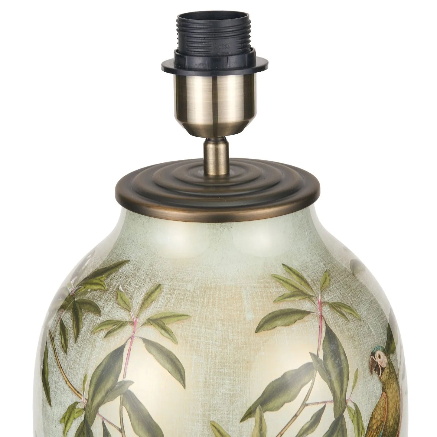Jenny Worrall Tall Parrots Distressed Gold & Off-White Glass Table Lamp Base with Antique Brass Feet – Handcrafted Urn-Shaped Tropical Bird & Leaf Foliage Lighting 48x20x20cm | Click Style