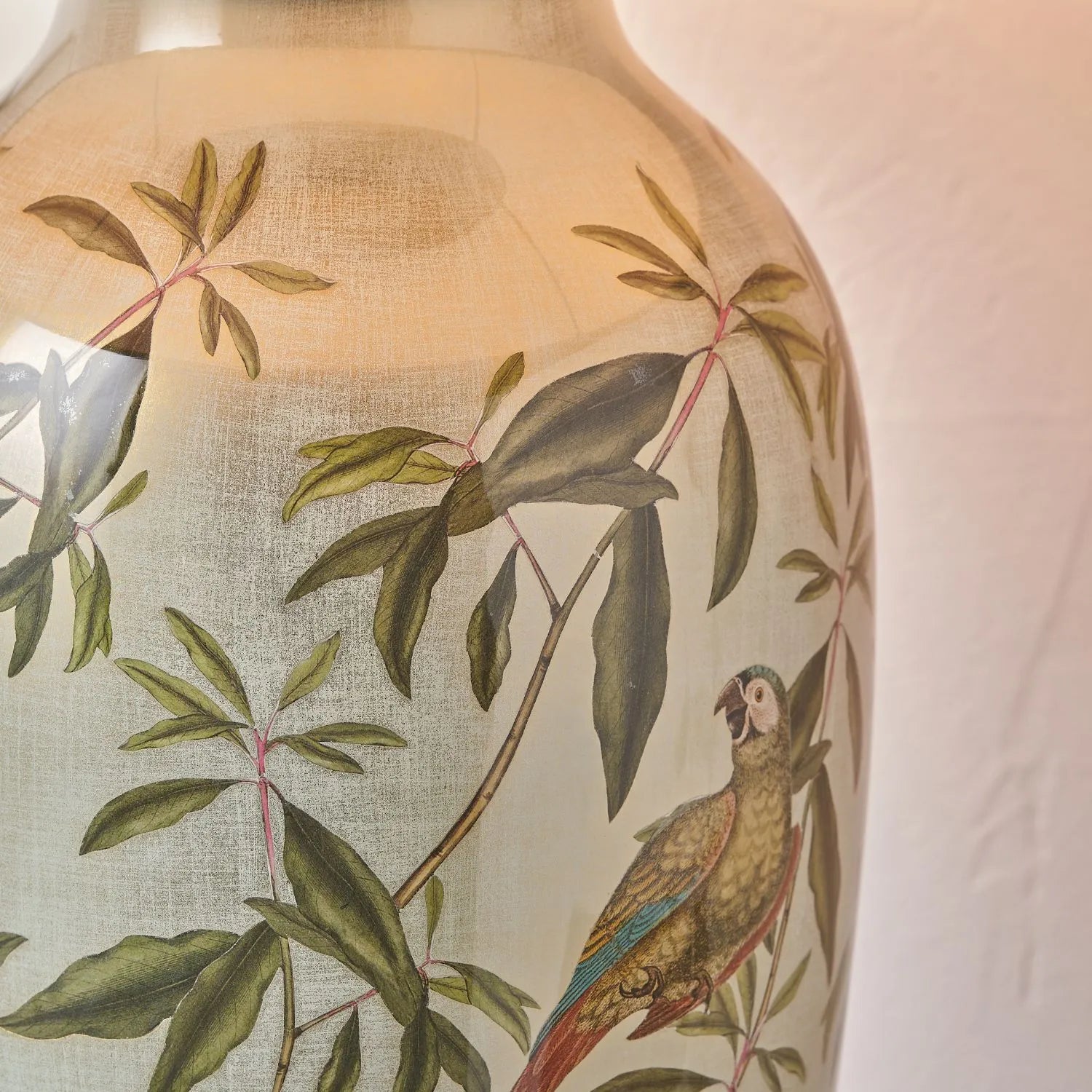 Jenny Worrall Tall Parrots Distressed Gold & Off-White Glass Table Lamp Base with Antique Brass Feet – Handcrafted Urn-Shaped Tropical Bird & Leaf Foliage Lighting 48x20x20cm | Click Style