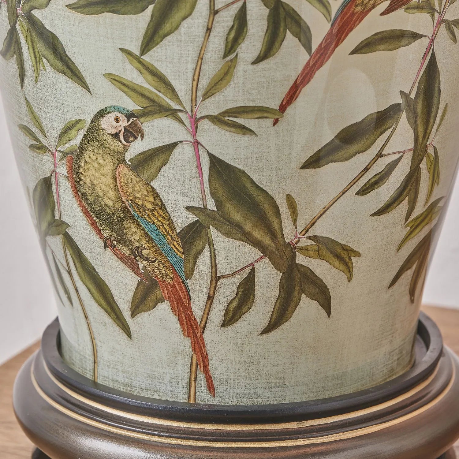 Jenny Worrall Tall Parrots Distressed Gold & Off-White Glass Table Lamp Base with Antique Brass Feet – Handcrafted Urn-Shaped Tropical Bird & Leaf Foliage Lighting 48x20x20cm | Click Style