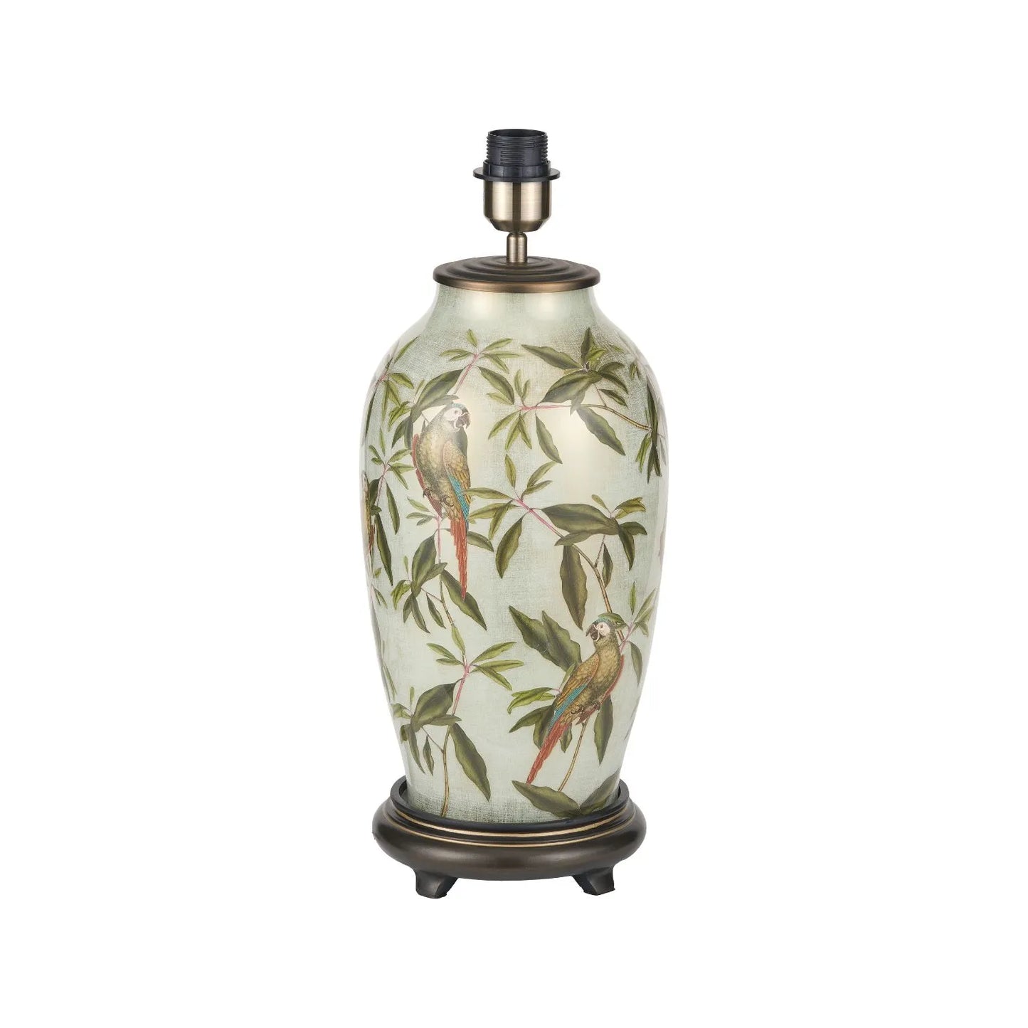 Jenny Worrall Tall Parrots Distressed Gold & Off-White Glass Table Lamp Base with Antique Brass Feet – Handcrafted Urn-Shaped Tropical Bird & Leaf Foliage Lighting 48x20x20cm | Click Style