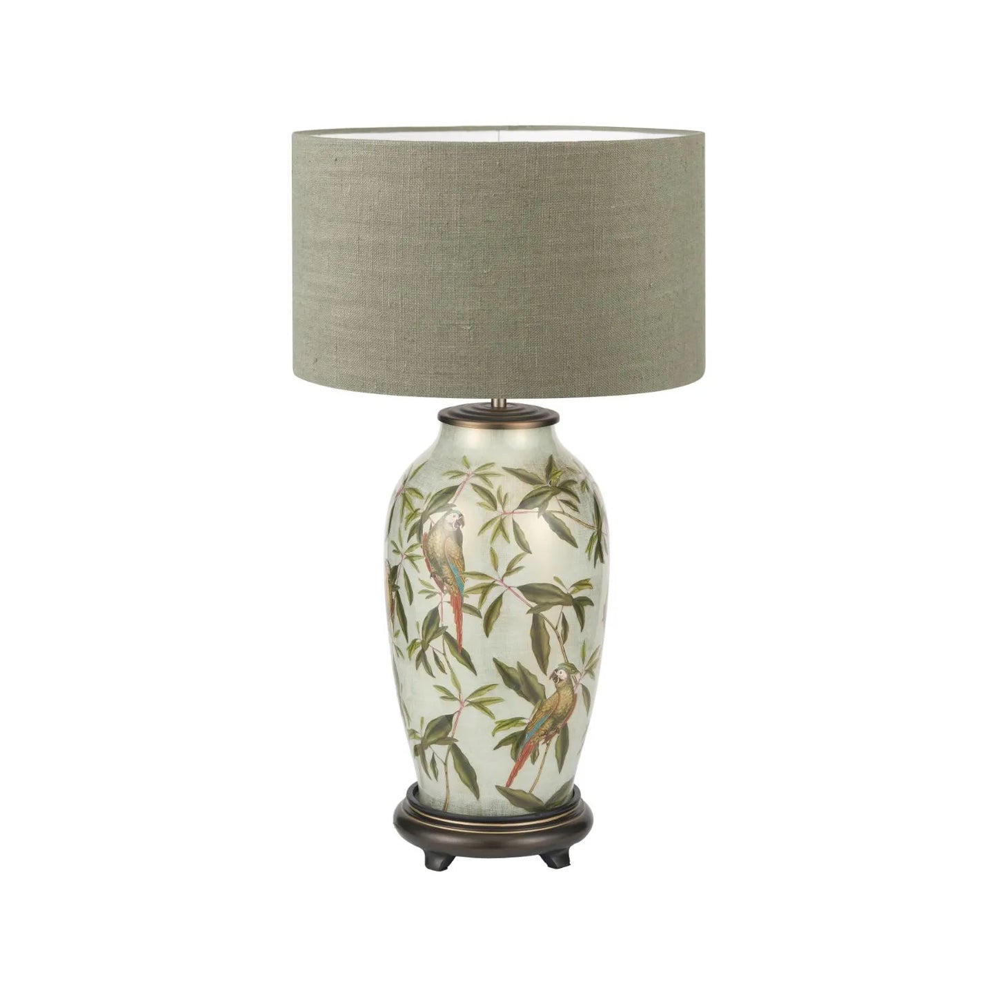 Jenny Worrall Tall Parrots Distressed Gold & Off-White Glass Table Lamp Base with Antique Brass Feet – Handcrafted Urn-Shaped Tropical Bird & Leaf Foliage Lighting 48x20x20cm | Click Style