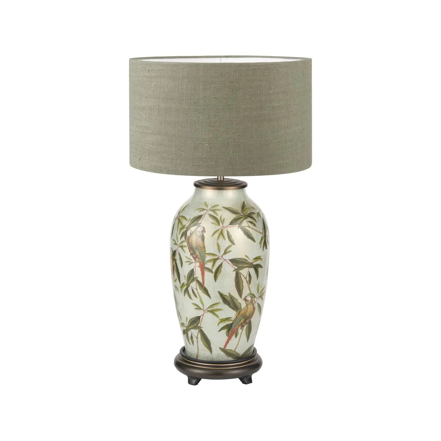 Jenny Worrall Tall Parrots Distressed Gold & Off-White Glass Table Lamp Base with Antique Brass Feet – Handcrafted Urn-Shaped Tropical Bird & Leaf Foliage Lighting 48x20x20cm | Click Style
