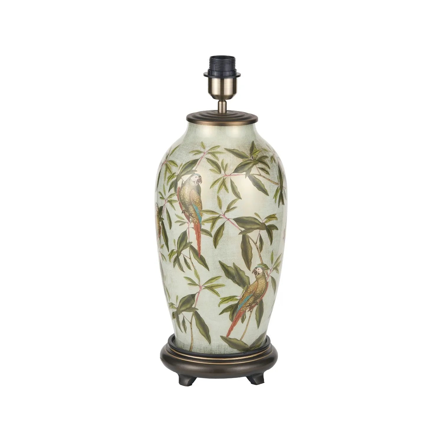 Jenny Worrall Tall Parrots Distressed Gold & Off-White Glass Table Lamp with Pistachio Green Linen Drum Shade | Click Style