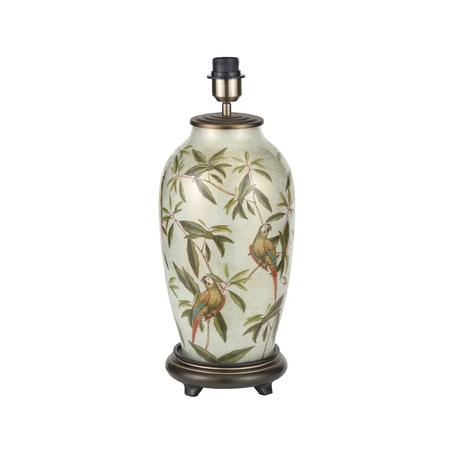 Jenny Worrall Tall Parrots Distressed Gold & Off-White Glass Table Lamp with Pistachio Green Linen Drum Shade | Click Style